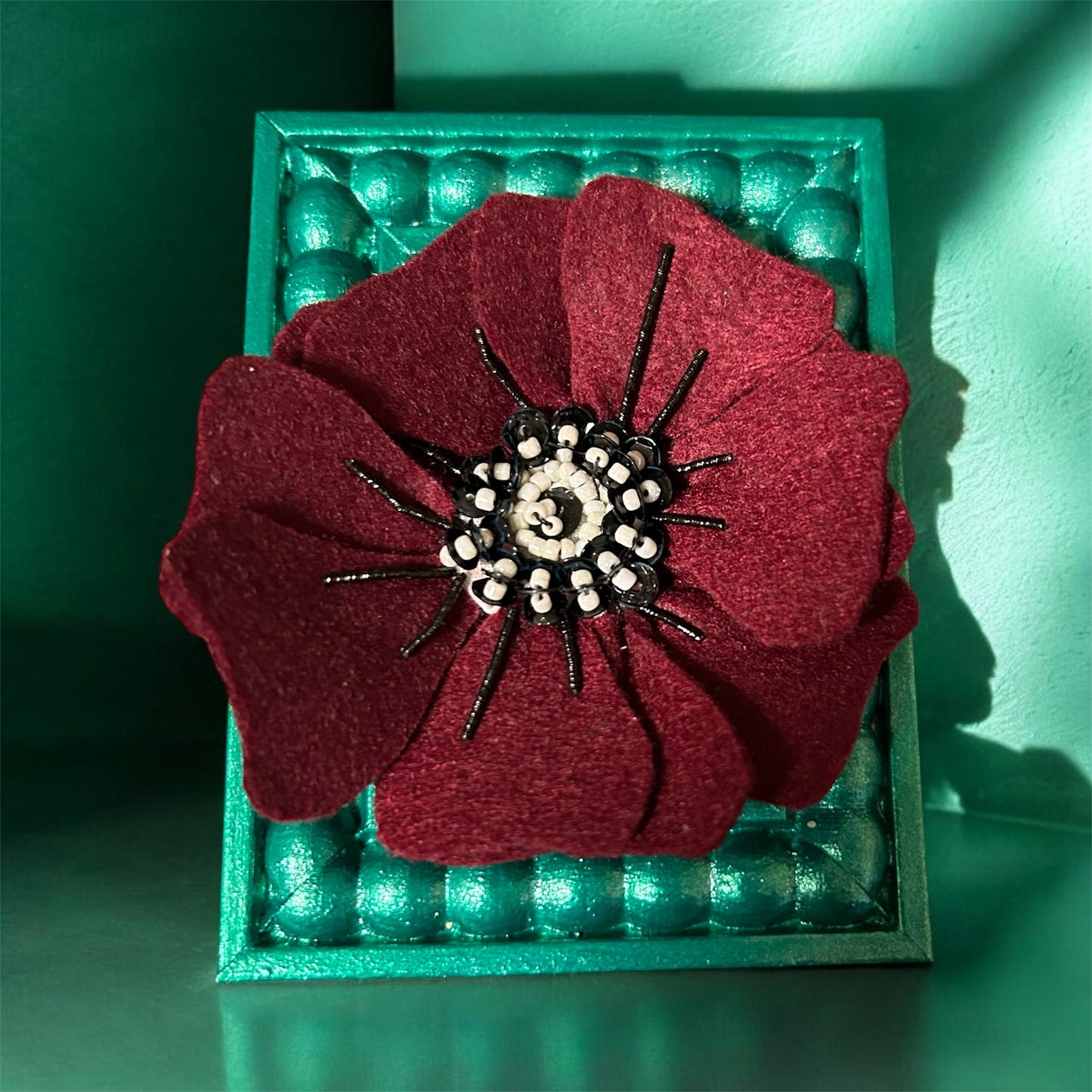 Burgundy Felted flower small green frame