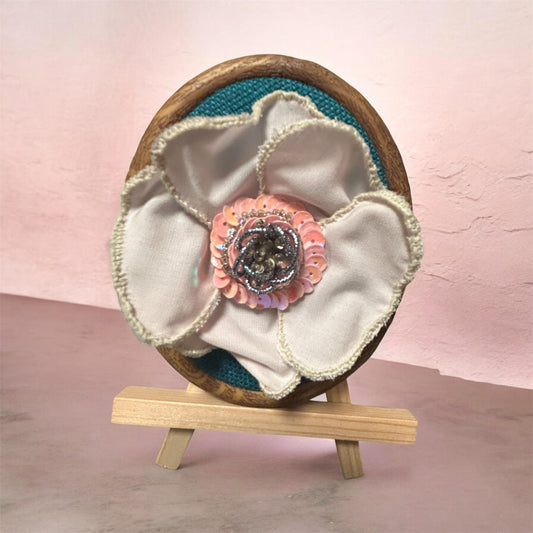 Stumpwork flower stretched brown oval canvas